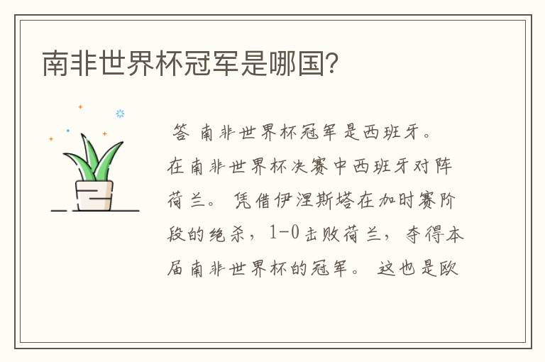 南非世界杯冠军是哪国?