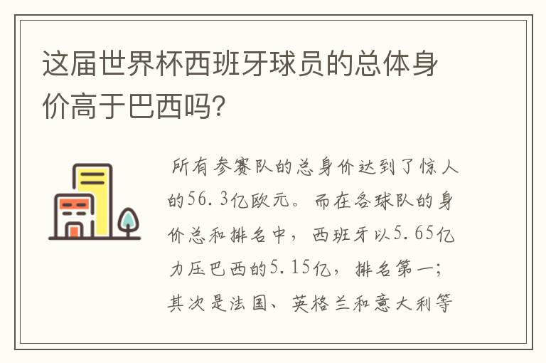 这届世界杯西班牙球员的总体身价高于巴西吗?