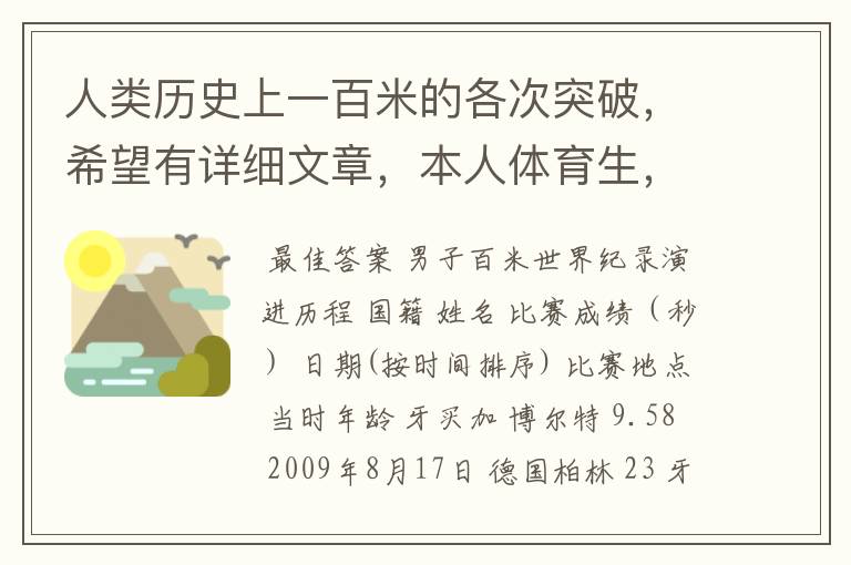 人类历史上一百米的各次突破,希望有详细文章,本人体育生,喜欢看一百米比赛