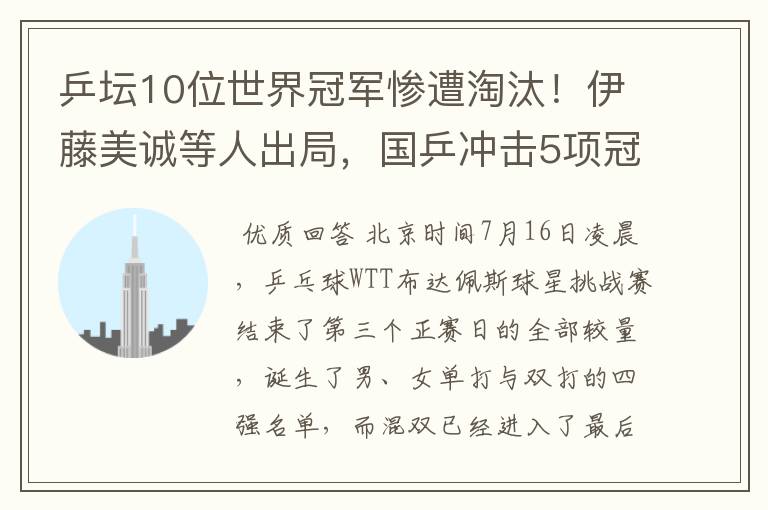 乒坛10位世界冠军惨遭淘汰!伊藤美诚等人出局,国乒冲击5项冠军
