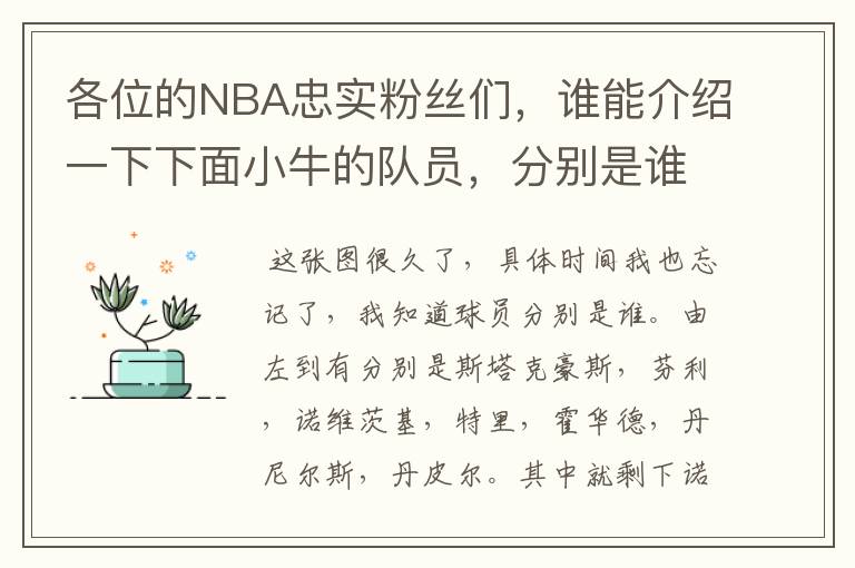 各位的NBA忠实粉丝们,谁能介绍一下下面小牛的队员,分别是谁,整个球队就这么几个人吗?是不是有新成员了