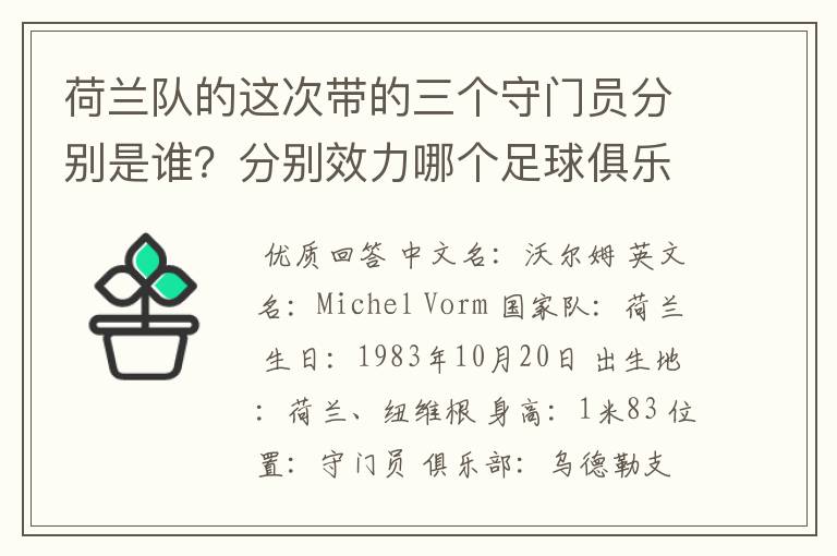 荷兰队的这次带的三个守门员分别是谁?分别效力哪个足球俱乐部?