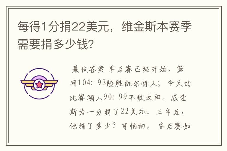 每得1分捐22美元，维金斯本赛季需要捐多少钱？
