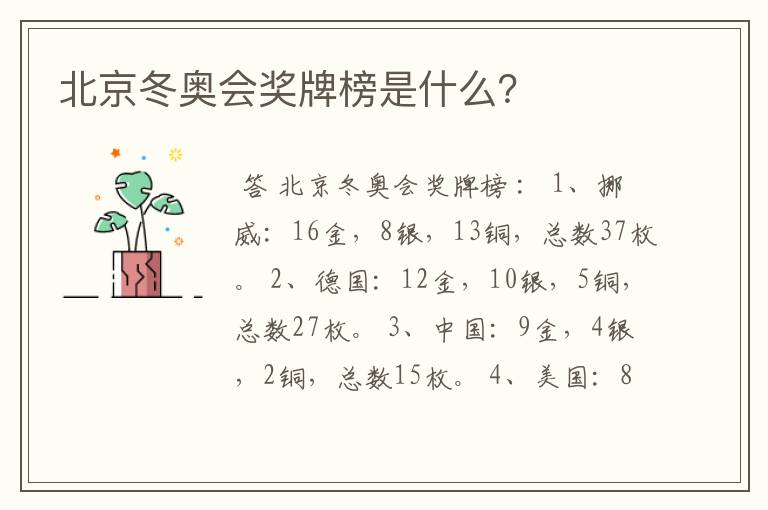北京冬奥会奖牌榜是什么?