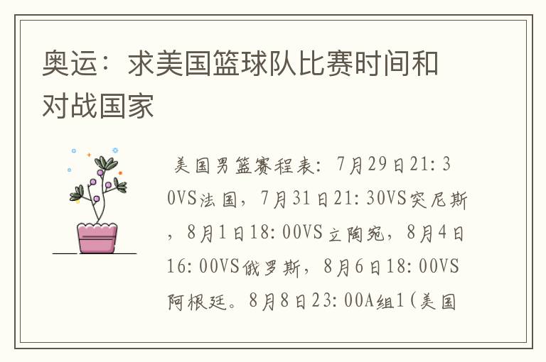 奥运:求美国篮球队比赛时间和对战国家