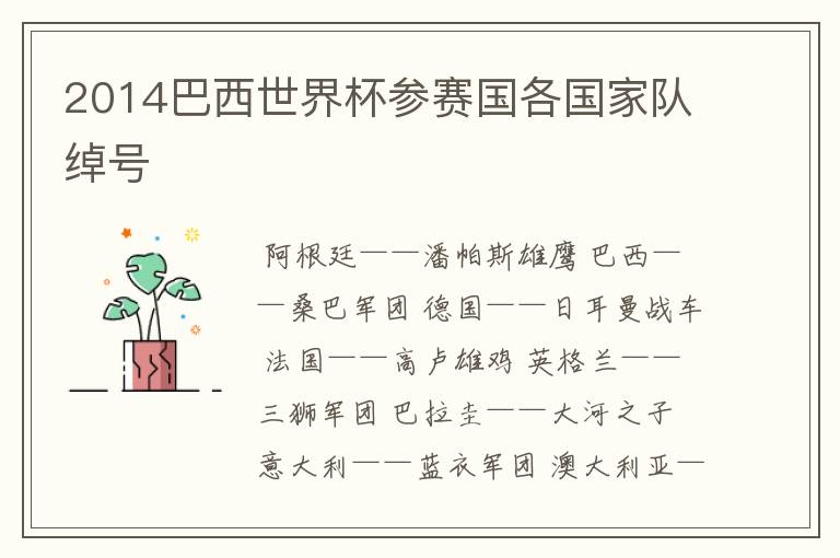 2014巴西世界杯参赛国各国家队绰号