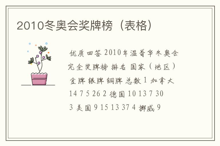2010冬奥会奖牌榜(表格)