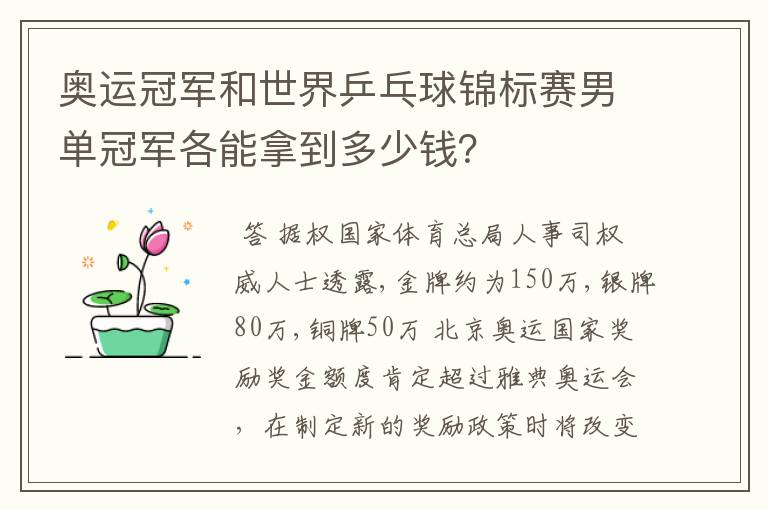奥运冠军和世界乒乓球锦标赛男单冠军各能拿到多少钱?