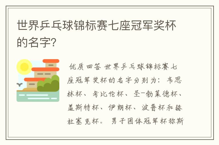 世界乒乓球锦标赛七座冠军奖杯的名字?