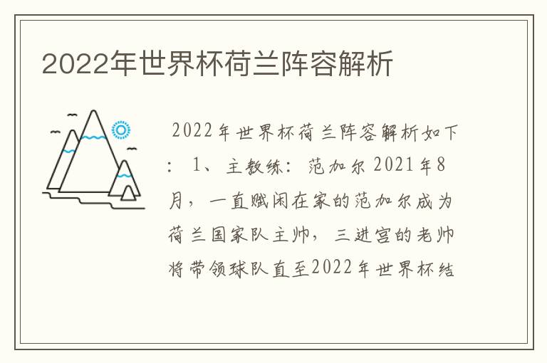 2022年世界杯荷兰阵容解析