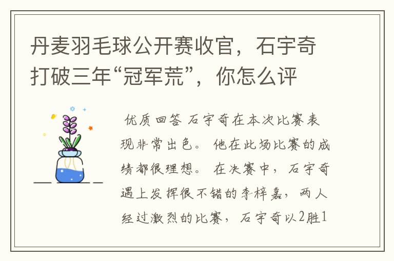 丹麦羽毛球公开赛收官,石宇奇打破三年“冠军荒”,你怎么评价他的表现?