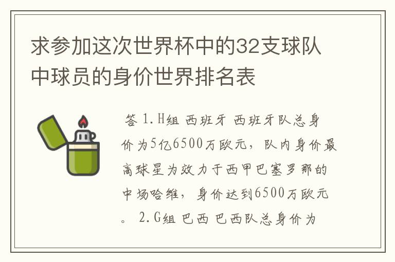 求参加这次世界杯中的32支球队中球员的身价世界排名表