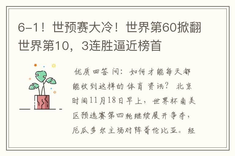 6-1!世预赛大冷!世界第60掀翻世界第10,3连胜逼近榜首