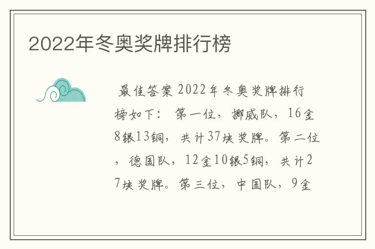 2022年冬奥奖牌排行榜