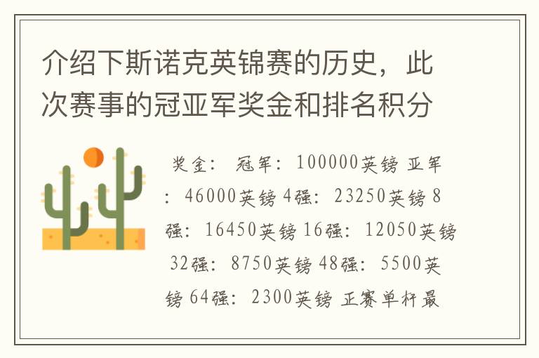介绍下斯诺克英锦赛的历史,此次赛事的冠亚军奖金和排名积分各是多少?