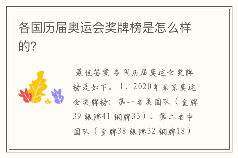 各国历届奥运会奖牌榜是怎么样的？