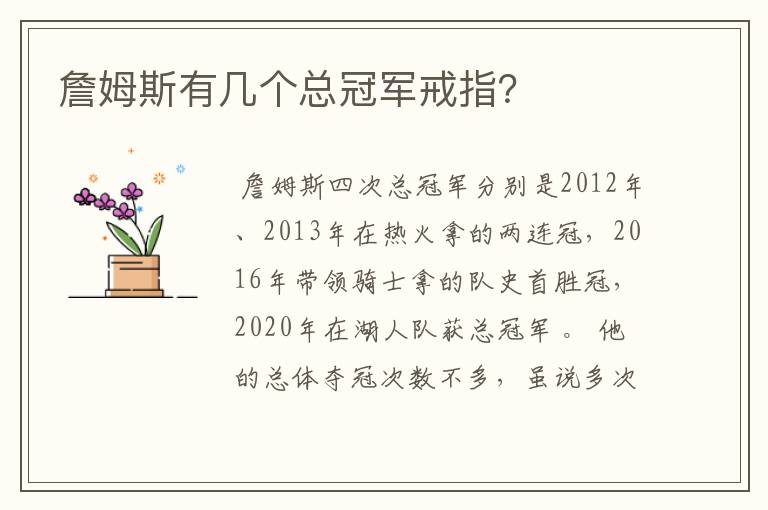 詹姆斯有几个总冠军戒指?