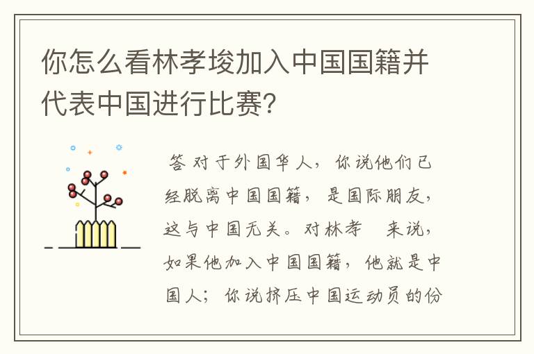 你怎么看林孝埈加入中国国籍并代表中国进行比赛?