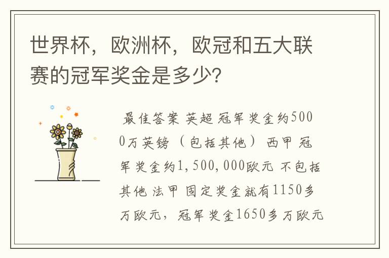 世界杯,欧洲杯,欧冠和五大联赛的冠军奖金是多少?
