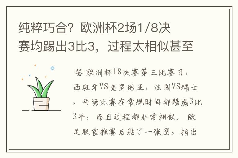 纯粹巧合?欧洲杯2场1/8决赛均踢出3比3,过程太相似甚至引发质疑