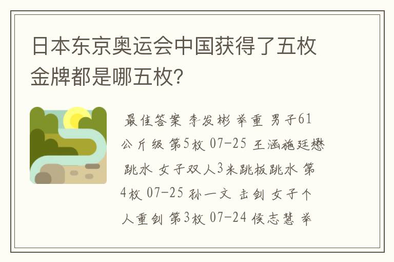 日本东京奥运会中国获得了五枚金牌都是哪五枚?