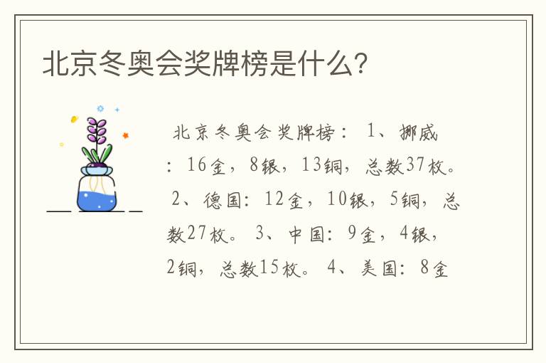 北京冬奥会奖牌榜是什么?