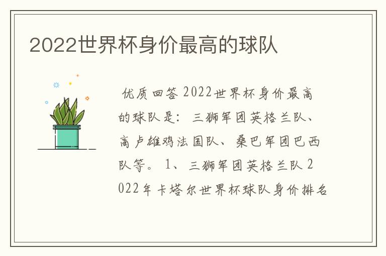 2022世界杯身价最高的球队