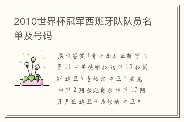 2010世界杯冠军西班牙队队员名单及号码