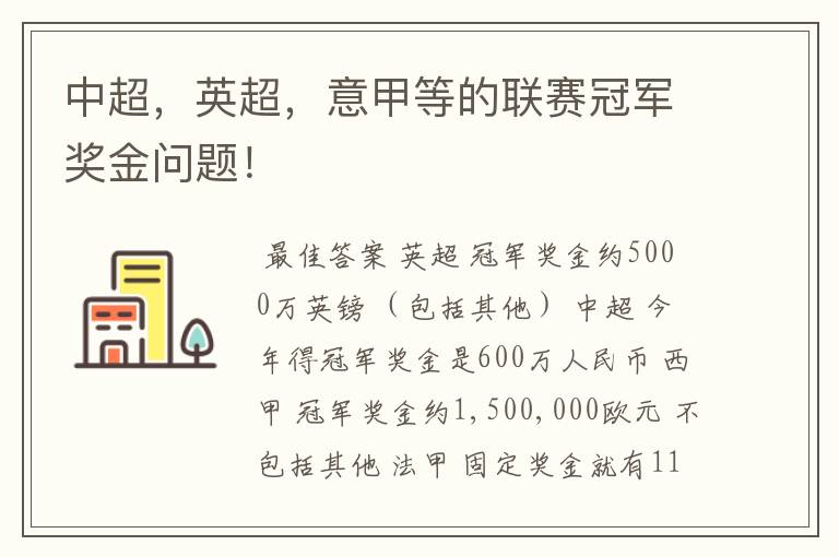 中超,英超,意甲等的联赛冠军奖金问题!