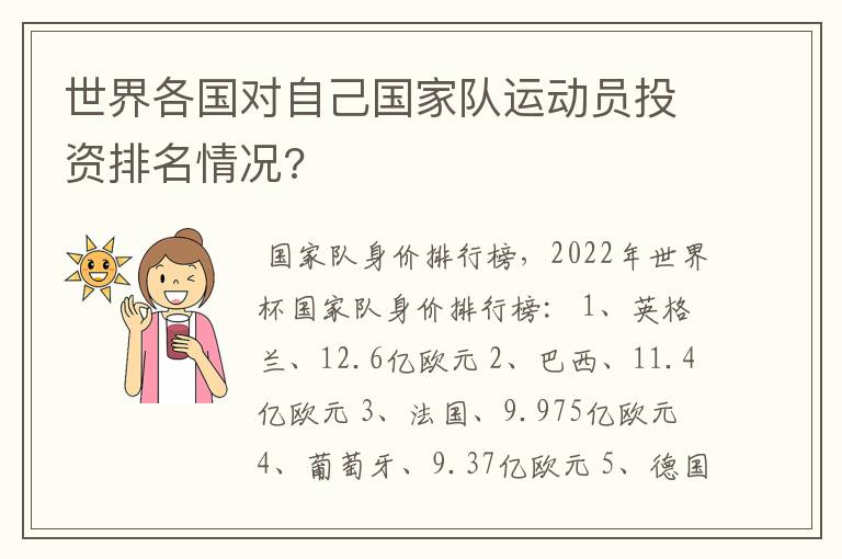 世界各国对自己国家队运动员投资排名情况?