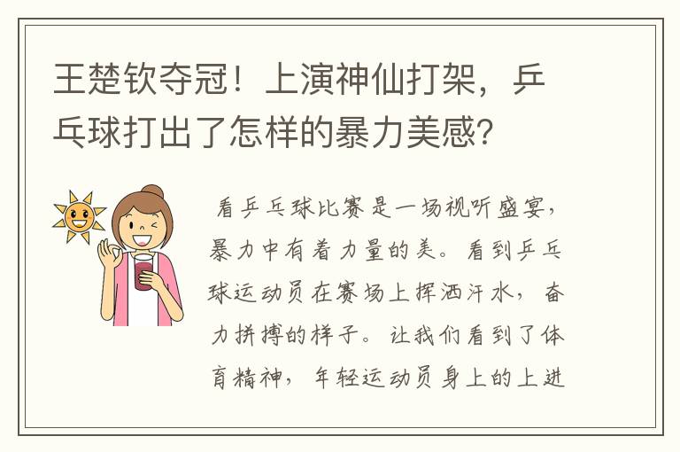 王楚钦夺冠！上演神仙打架，乒乓球打出了怎样的暴力美感？