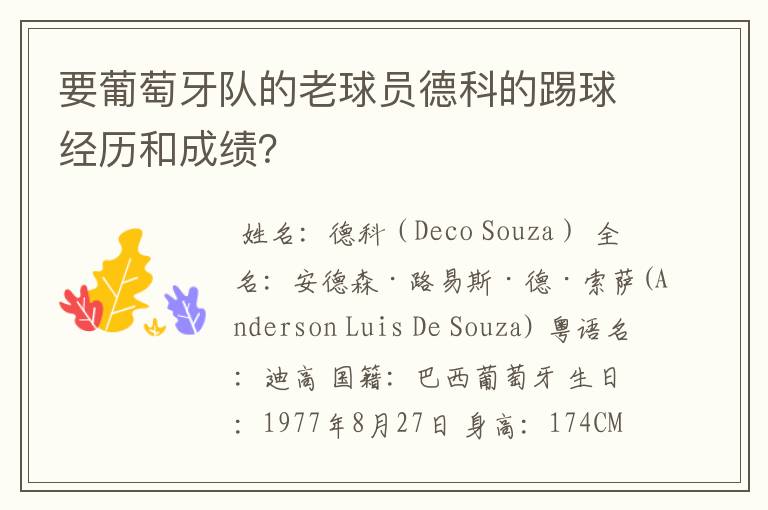 要葡萄牙队的老球员德科的踢球经历和成绩?