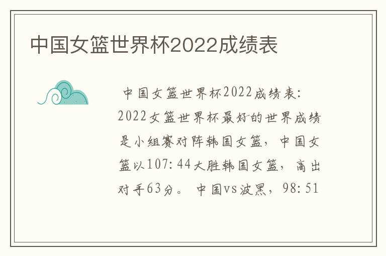 中国女篮世界杯2022成绩表