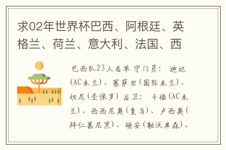 求02年世界杯巴西、阿根廷、英格兰、荷兰、意大利、法国、西班牙的全部阵容