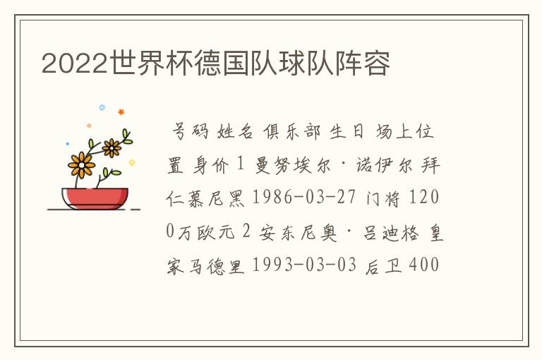 2022世界杯德国队球队阵容