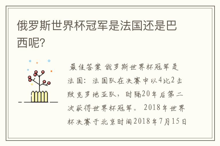 俄罗斯世界杯冠军是法国还是巴西呢?