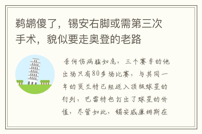 鹈鹕傻了,锡安右脚或需第三次手术,貌似要走奥登的老路