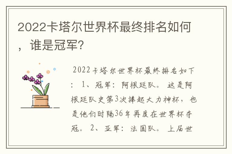 2022卡塔尔世界杯最终排名如何,谁是冠军?
