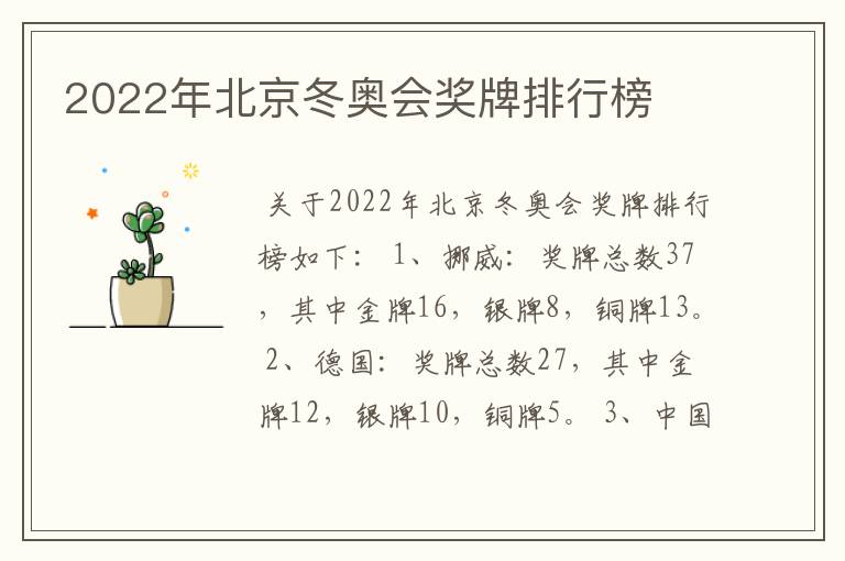 2022年北京冬奥会奖牌排行榜