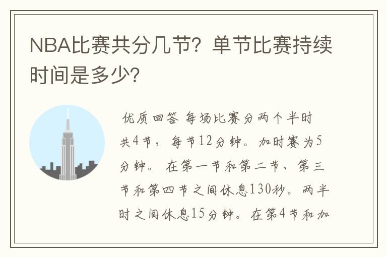 NBA比赛共分几节?单节比赛持续时间是多少?