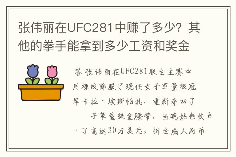 张伟丽在UFC281中赚了多少?其他的拳手能拿到多少工资和奖金?