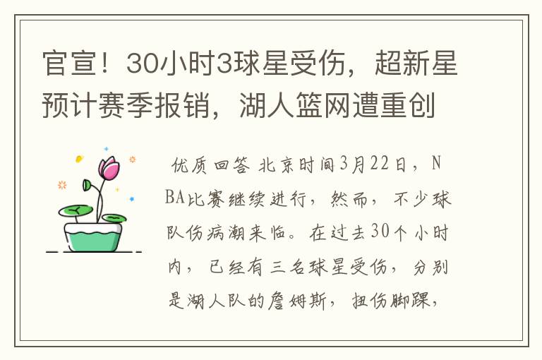 官宣!30小时3球星受伤,超新星预计赛季报销,湖人篮网遭重创