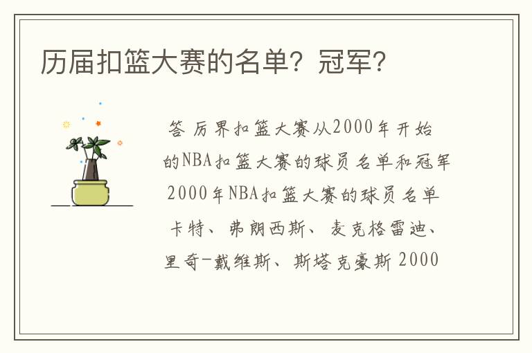 历届扣篮大赛的名单?冠军?