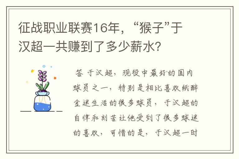 征战职业联赛16年,“猴子”于汉超一共赚到了多少薪水?