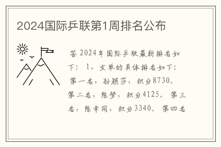 2024国际乒联第1周排名公布