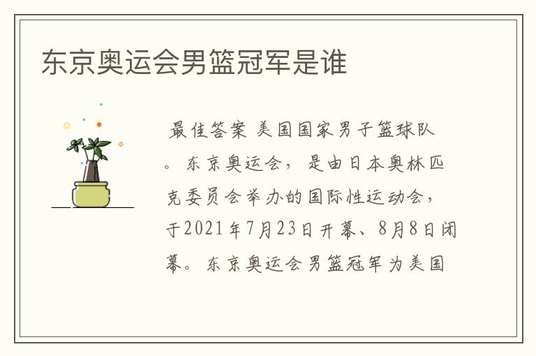 东京奥运会男篮冠军是谁