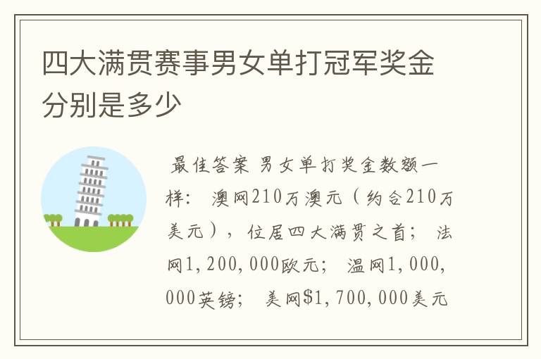 四大满贯赛事男女单打冠军奖金分别是多少