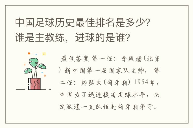 中国足球历史最佳排名是多少?谁是主教练,进球的是谁?
