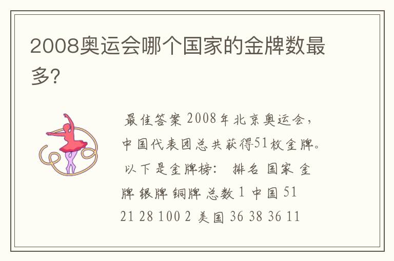 2008奥运会哪个国家的金牌数最多?
