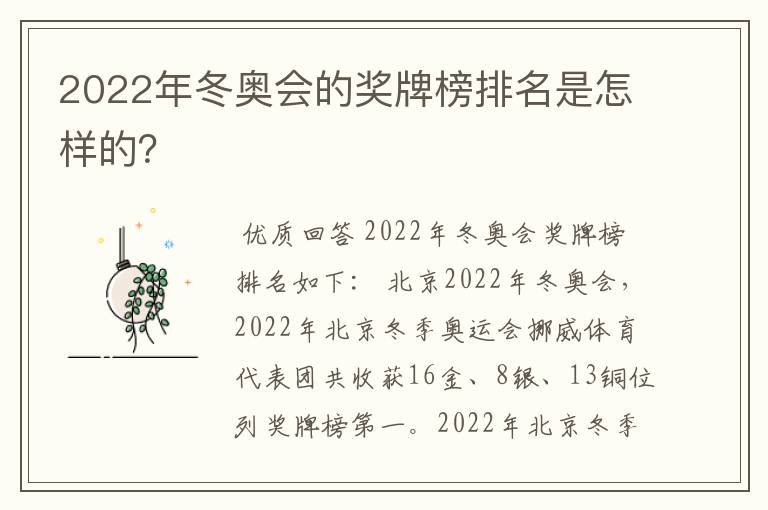 2022年冬奥会的奖牌榜排名是怎样的?